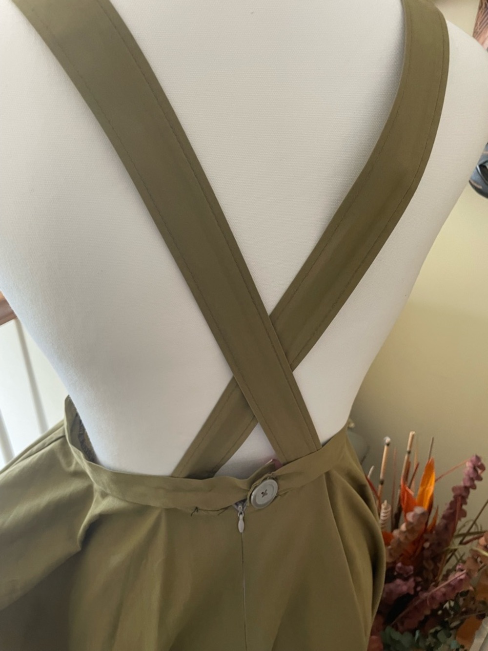 Olive Green Pinafore Midi Dress with Wide Straps -EUC - Picture 4 of 9